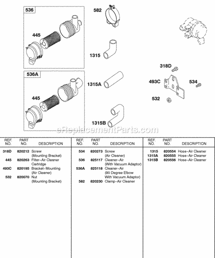 Air Cleaner Hoses Diagram and Parts List for 437447-0205-E2  Briggs and Stratton Engine